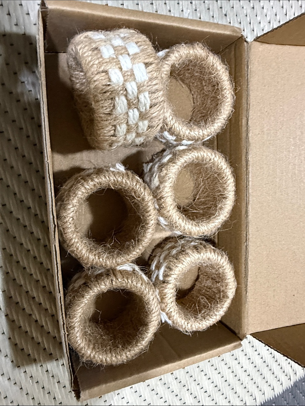Handmade Jute Napkin Rings - Set of 6 in Natural with White Accent